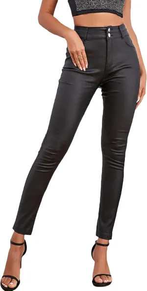 MakeMeChic Women's Faux Leather Skinny Pants Button Front High Waisted PU Leather Leggings Pants