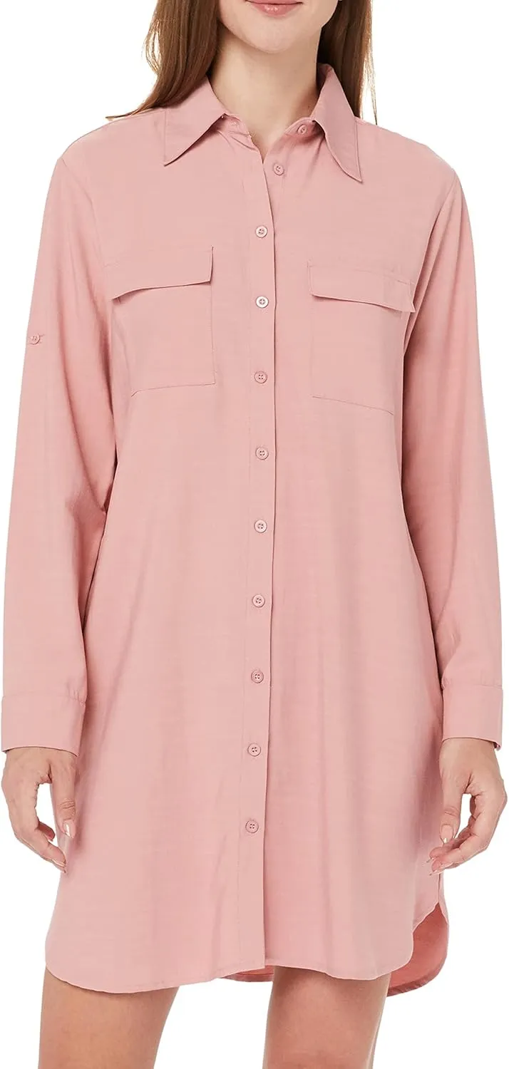 MANAIXUAN Women's Shirt Dress V Neck Long Sleeve Loose Casual with Pockets Front Button