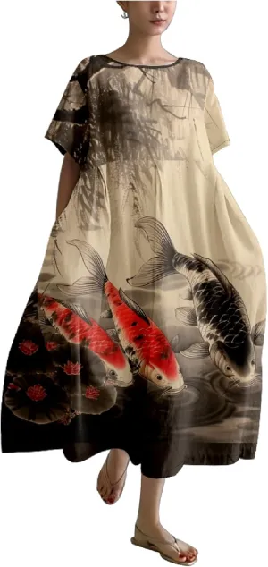 MARSVOVO Japanese Art Dress for Women Vintage Fish Print Short Sleeve Loose Causal Plus Size Summer Dress for Women