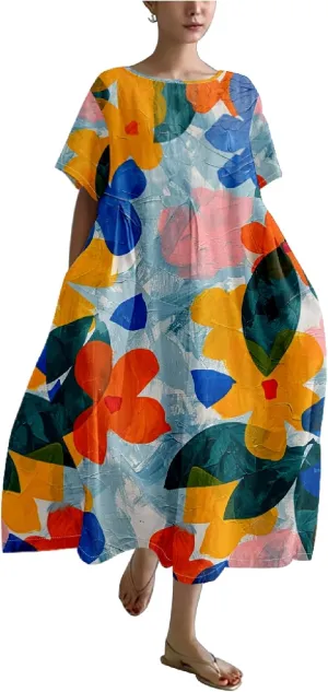 MARSVOVO Japanese Dress for Women Summer Vintage Boho Floral Print Short Sleeve A-Line Plus Size Maxi Dress for Women
