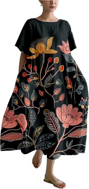 MARSVOVO Japanese Dress for Women Summer Vintage Boho Floral Print Short Sleeve A-Line Plus Size Maxi Dress for Women
