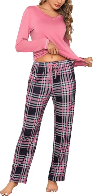 Marvmys Women's Pajama Set 2 Piece Long Sleeve Crew Neck Sleepwear with Plaid Pants Drawstring Loungewear Pjs Sets
