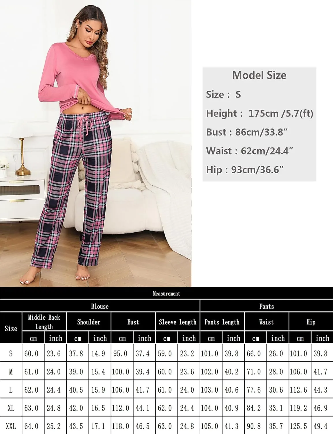 Marvmys Women's Pajama Set 2 Piece Long Sleeve Crew Neck Sleepwear with Plaid Pants Drawstring Loungewear Pjs Sets