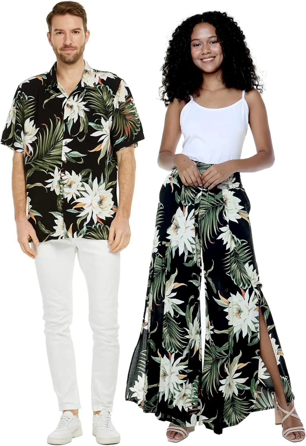 Matchable Couple Hawaiian Luau Shirt or Wide Legged Pants in Wispy Cereus Black