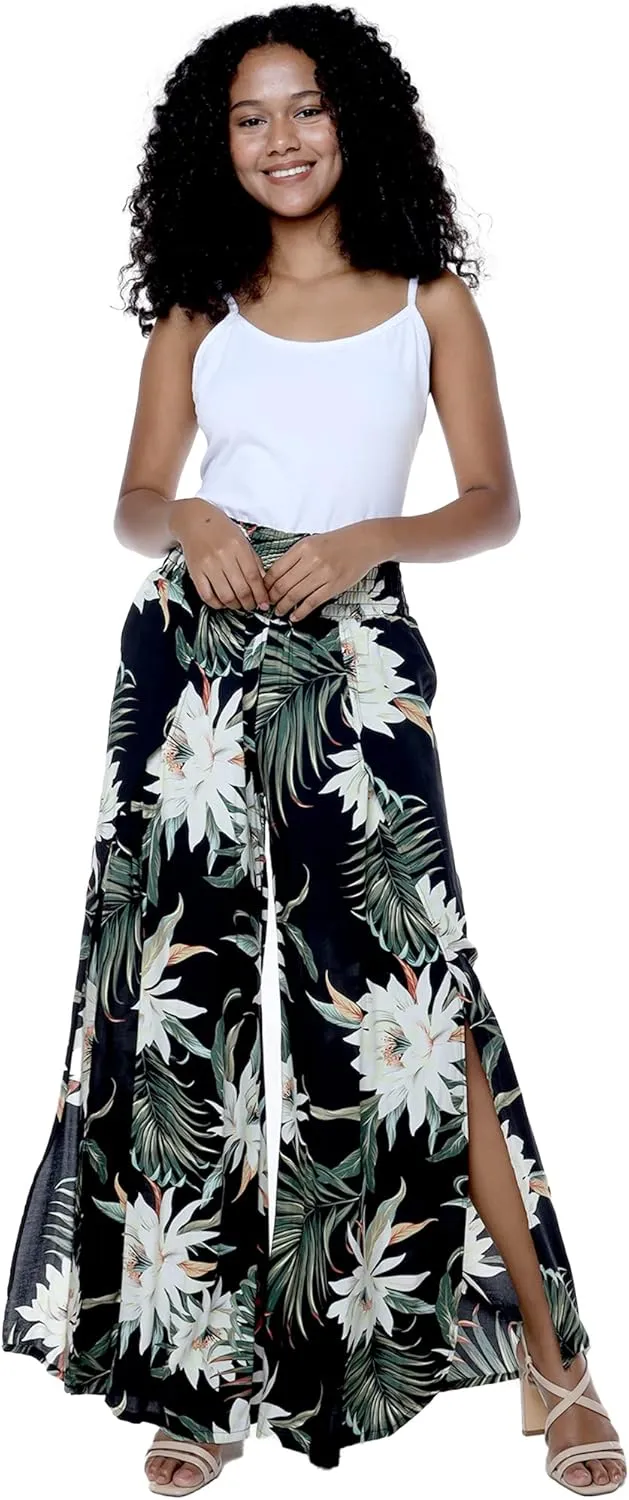 Matchable Couple Hawaiian Luau Shirt or Wide Legged Pants in Wispy Cereus Black