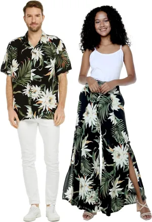 Matchable Couple Hawaiian Luau Shirt or Wide Legged Pants in Wispy Cereus Black