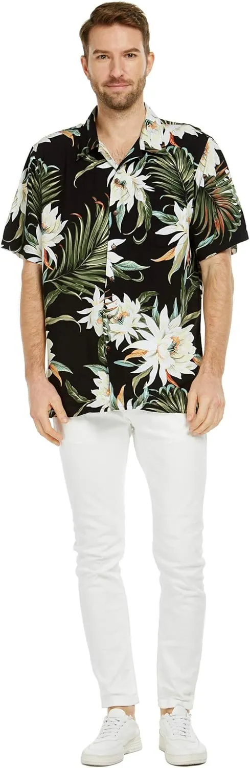 Matchable Couple Hawaiian Luau Shirt or Wide Legged Pants in Wispy Cereus Black