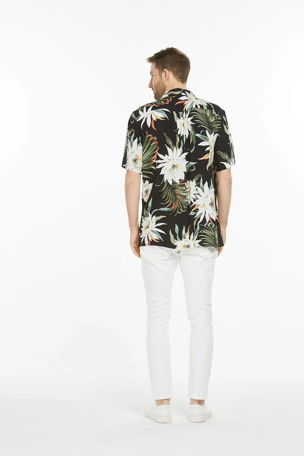 Matchable Couple Hawaiian Luau Shirt or Wide Legged Pants in Wispy Cereus Black