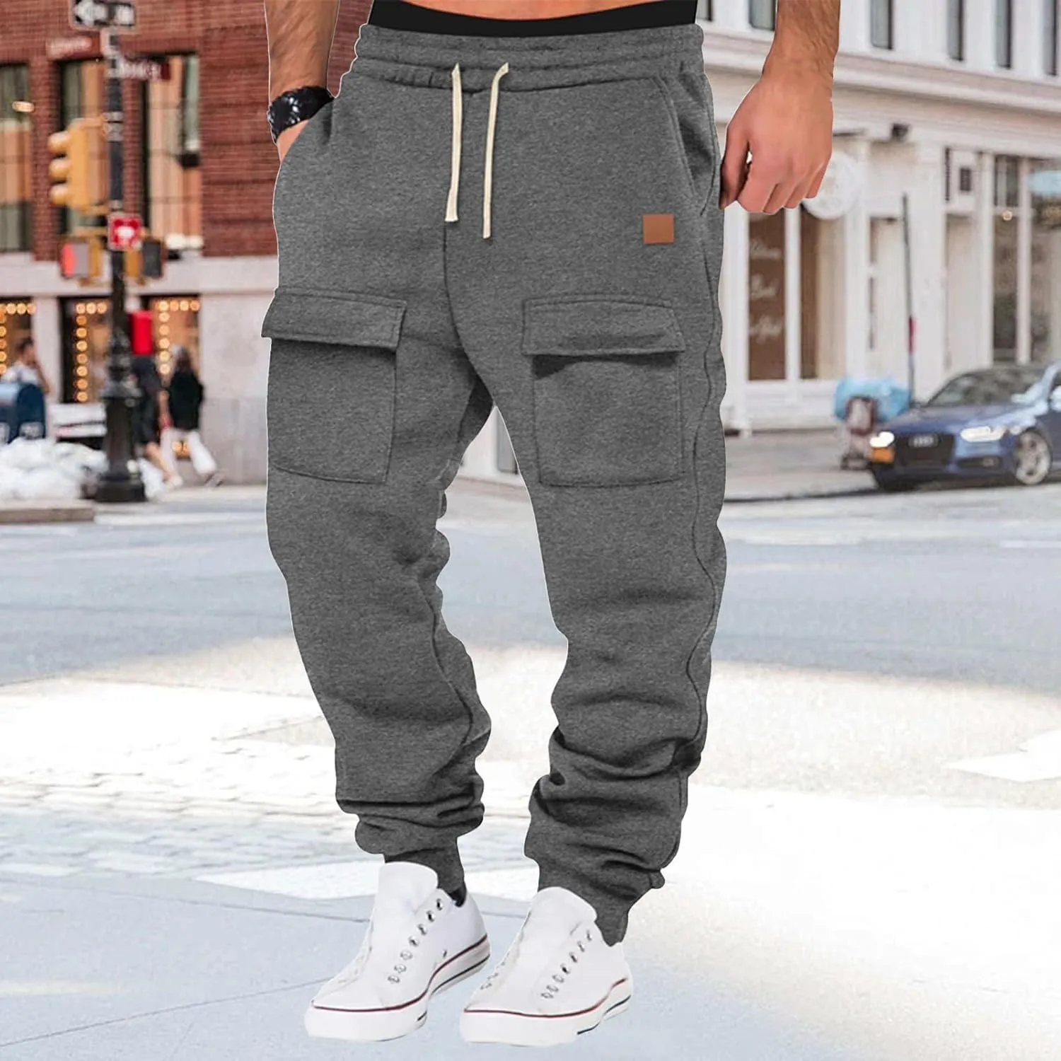 Mens Baggy Drawstring Waist Fleece Lined Relaxed Casual Running Athletic Workout Cargo Jogger Sweat Trousers Pants
