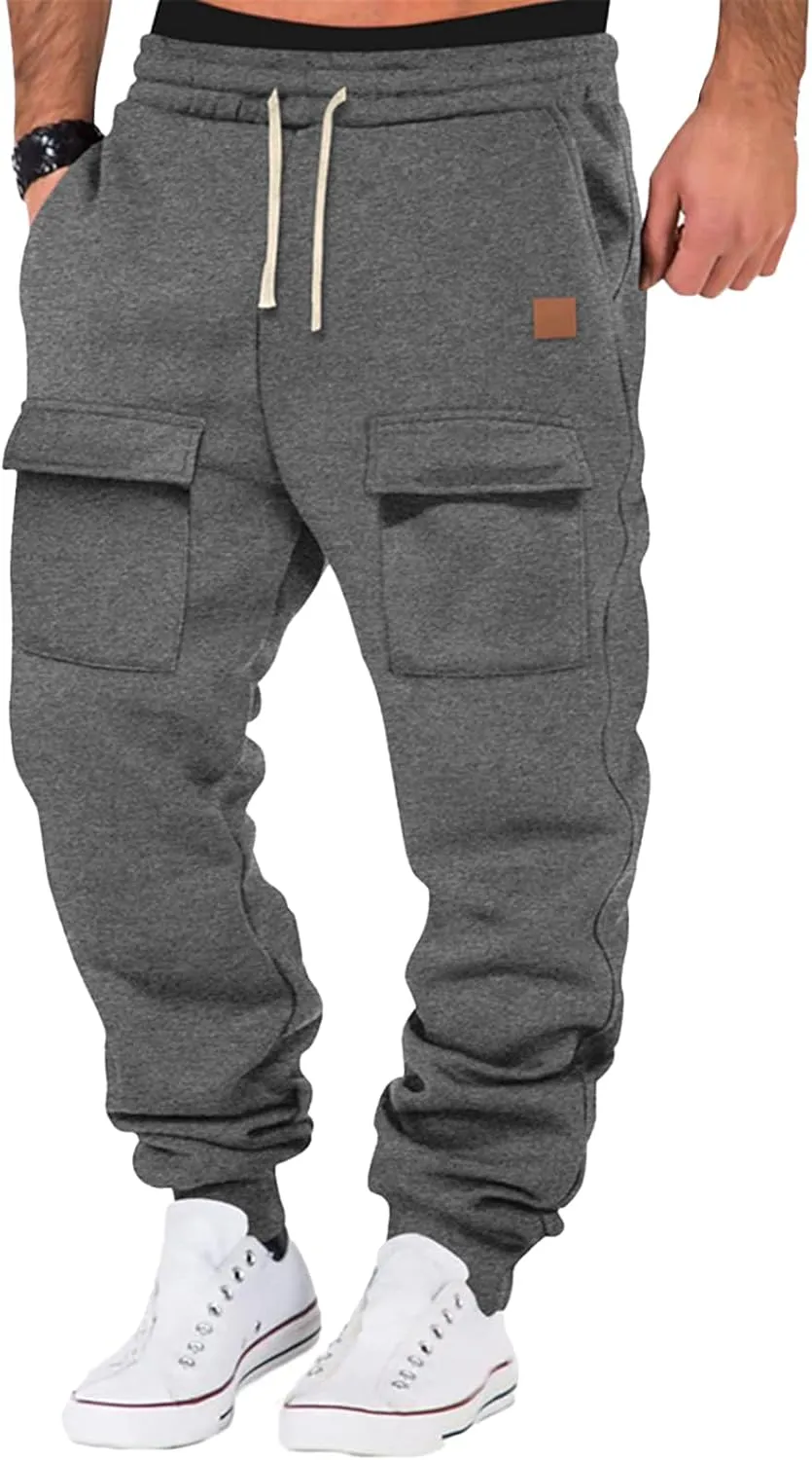 Mens Baggy Drawstring Waist Fleece Lined Relaxed Casual Running Athletic Workout Cargo Jogger Sweat Trousers Pants