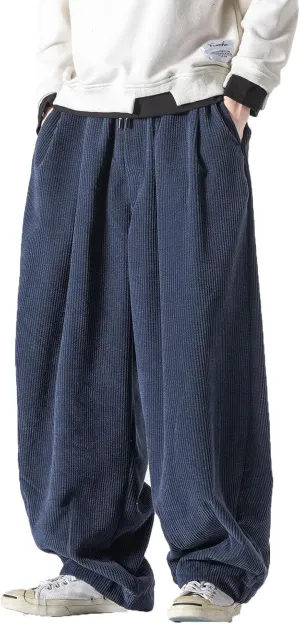 Men's Corduroy Harem Pants Drawstring Stretch Waist Loose Pants Wide Leg Baggy Tapered Trouser