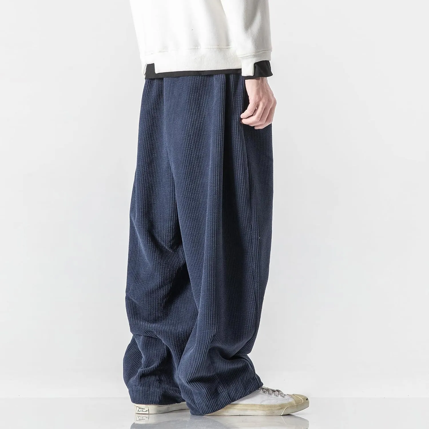 Men's Corduroy Harem Pants Drawstring Stretch Waist Loose Pants Wide Leg Baggy Tapered Trouser