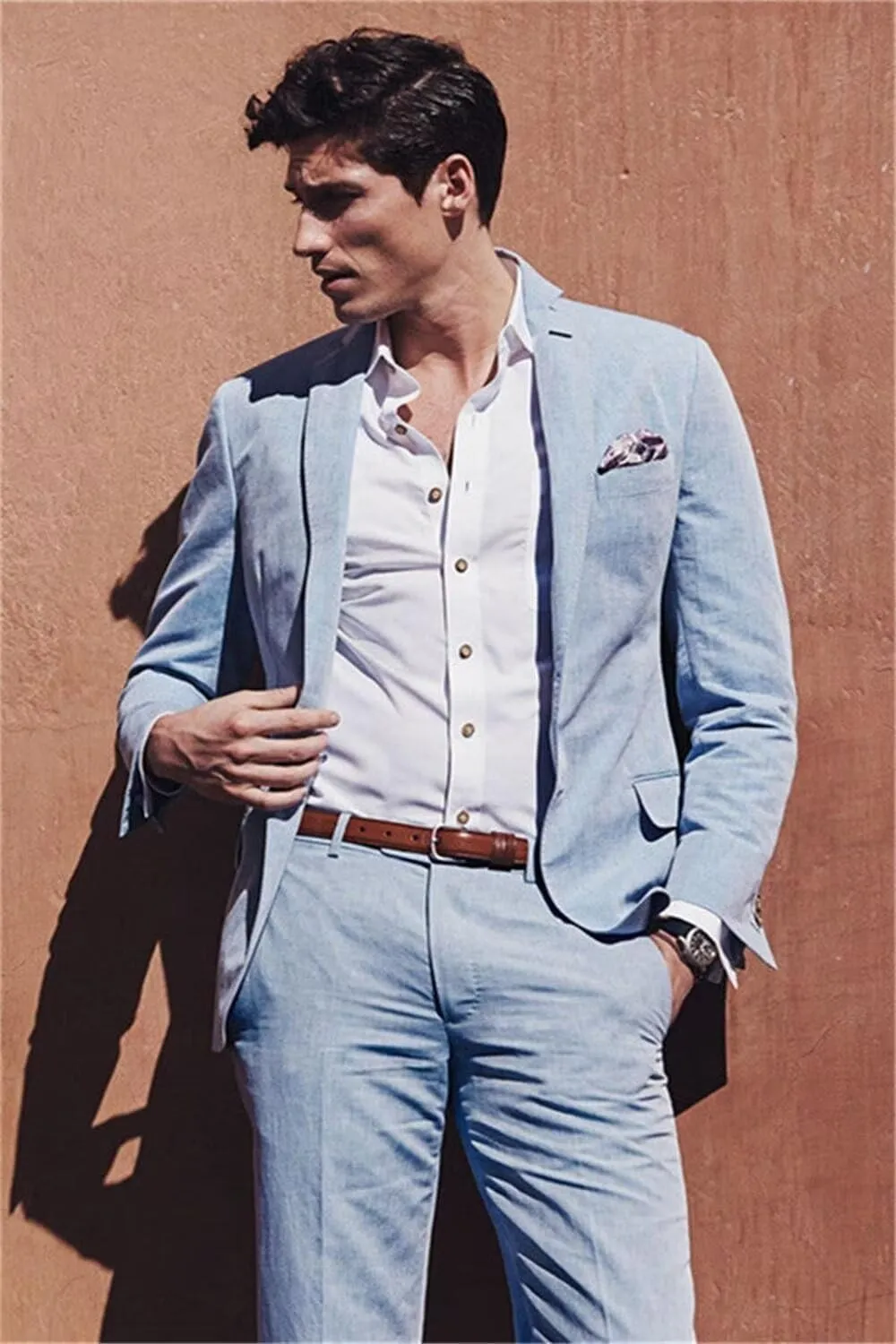 Mens Linen Suit 2 Piece Slim Fit Linen Suit for Men Summer Beach Wedding Suits Jacket Pants Set