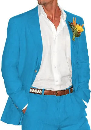 Mens Linen Suit 2 Piece Slim Fit Linen Suit for Men Summer Beach Wedding Suits Jacket Pants Set