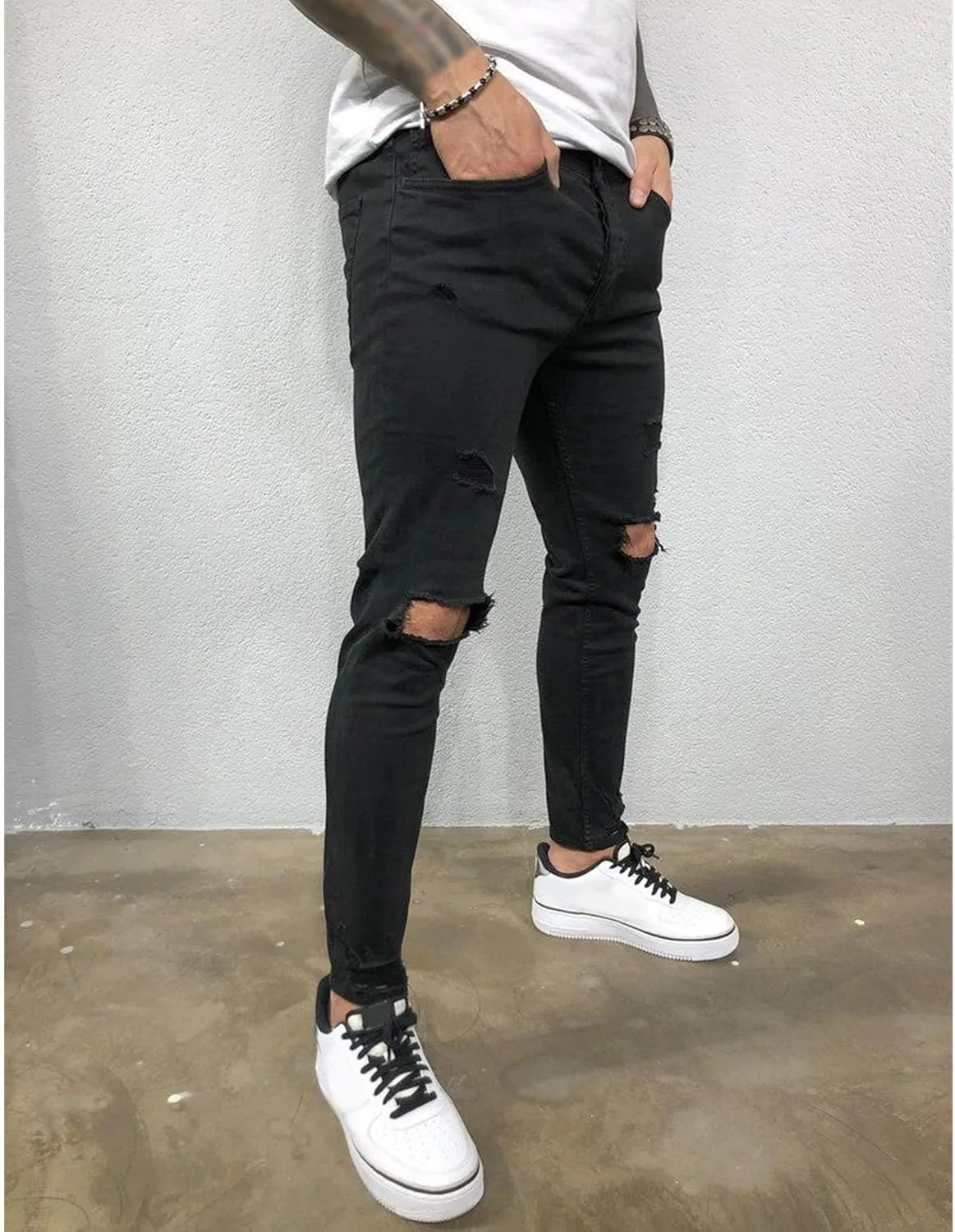 Men's Slim-fit Ripped Denim Pants Classic Casual Biker Jeans Pants Distressed Destroyed Trousers