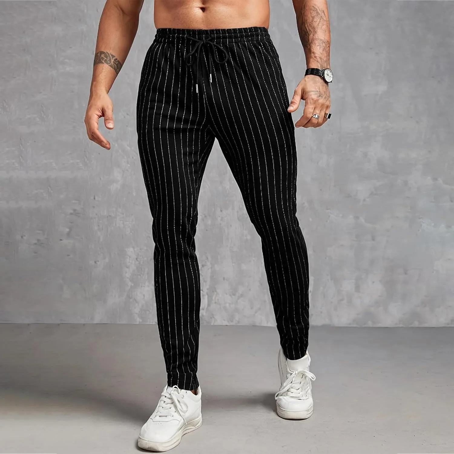 Mens Slim Fit Striped Casual Pants Casual Elastic Waist Drawstring Pencil Pants Skinny Stretchy Chino Trousers for Work