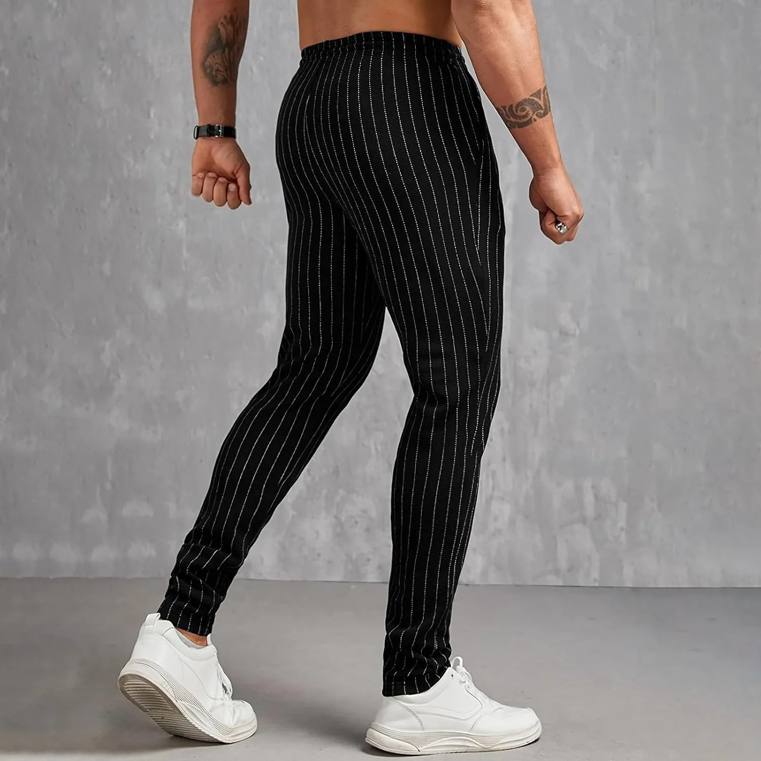 Mens Slim Fit Striped Casual Pants Casual Elastic Waist Drawstring Pencil Pants Skinny Stretchy Chino Trousers for Work