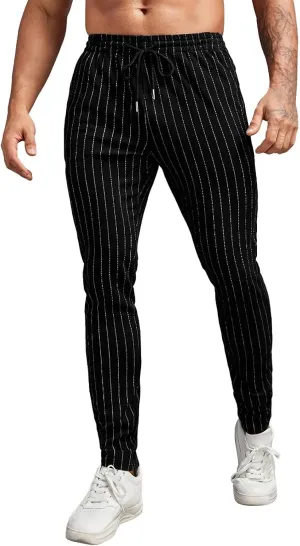 Mens Slim Fit Striped Casual Pants Casual Elastic Waist Drawstring Pencil Pants Skinny Stretchy Chino Trousers for Work