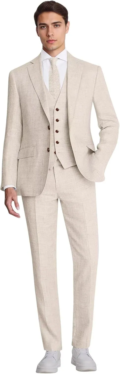 Men's Suit 3 Piece Linen Suits Slim Fit Suit Blazer Vest Pants Set Wedding Prom Tuxedos Business Casual Suit