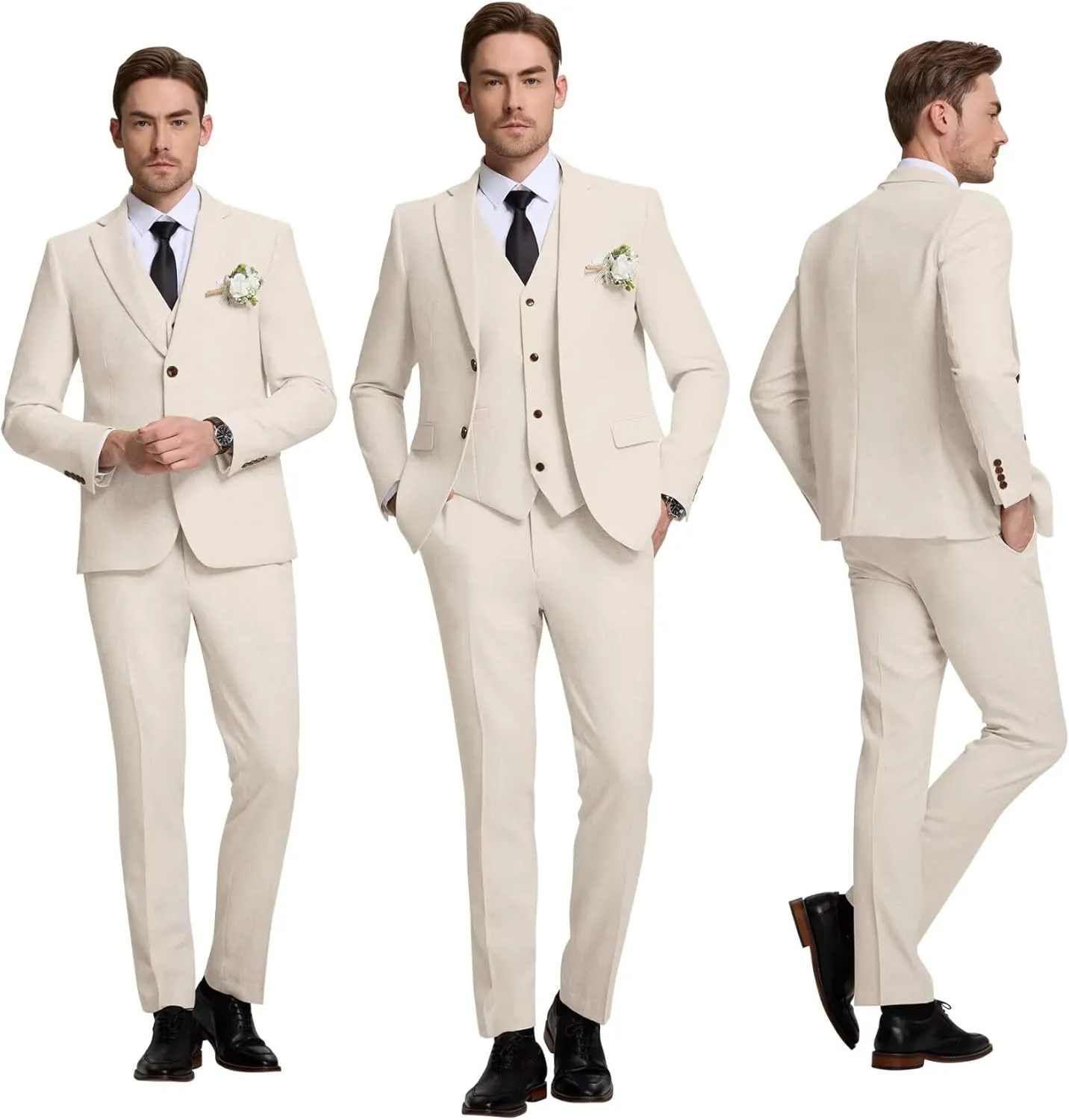 Men's Suit 3 Piece Linen Suits Slim Fit Suit Blazer Vest Pants Set Wedding Prom Tuxedos Business Casual Suit