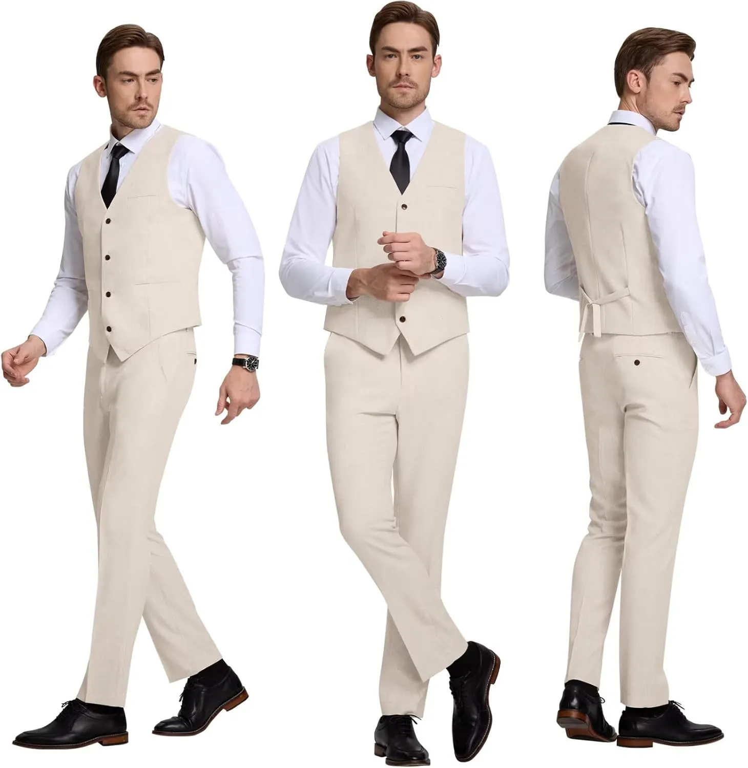 Men's Suit 3 Piece Linen Suits Slim Fit Suit Blazer Vest Pants Set Wedding Prom Tuxedos Business Casual Suit