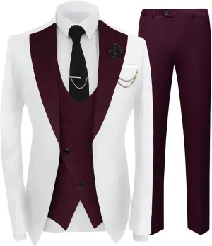 Mens Suit Formal 3 Piece Tuxedo Slim Fit Set Jacket Blazer Vest Pants for Groomsmen Wedding Prom Party