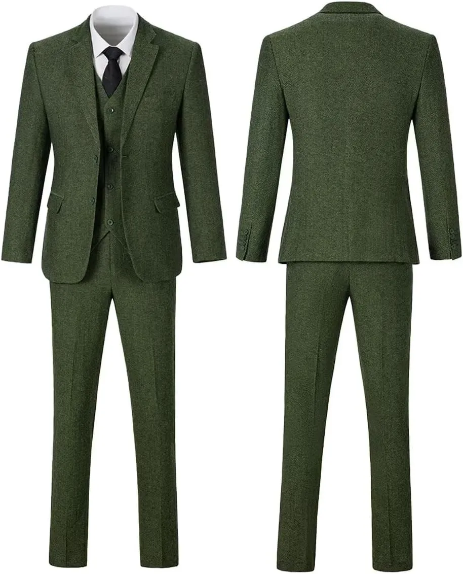 Mens Suit Slim Fit Tweed Herringbone Suit for Men Wool Blend Blazer Vest Pants Tuxedo Set