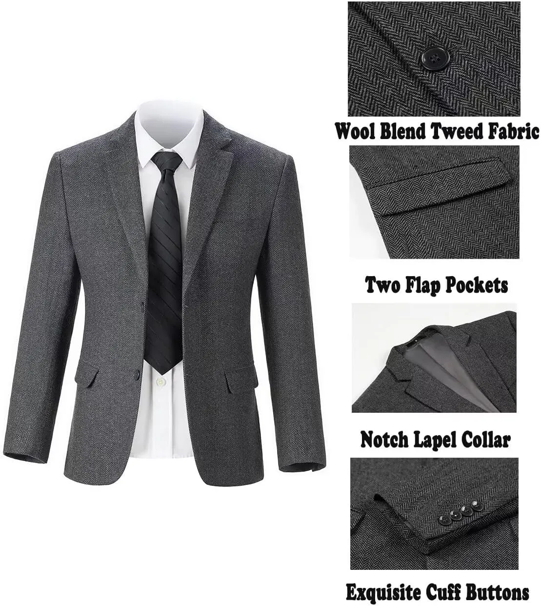 Mens Suit Slim Fit Tweed Herringbone Suit for Men Wool Blend Blazer Vest Pants Tuxedo Set