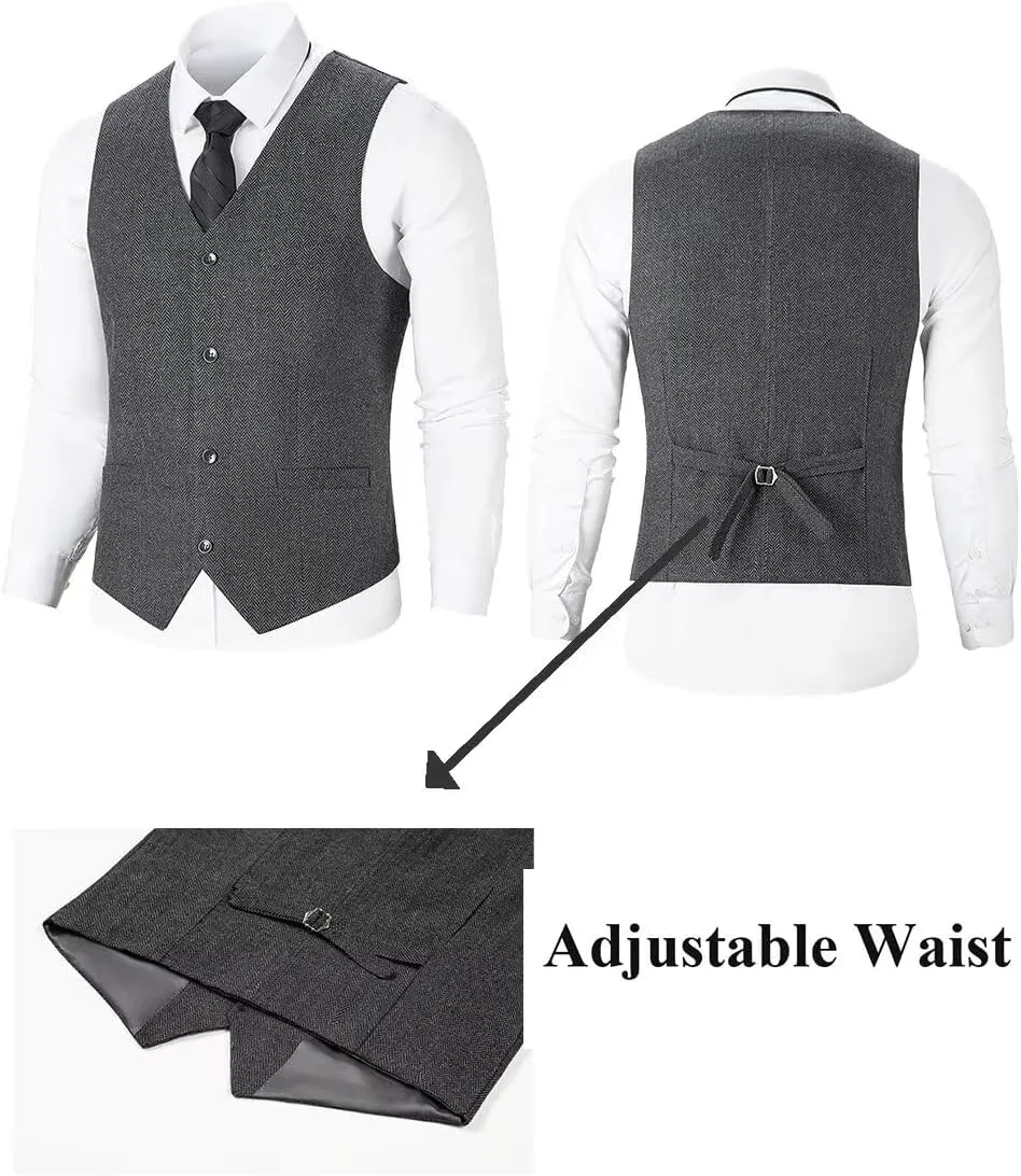 Mens Suit Slim Fit Tweed Herringbone Suit for Men Wool Blend Blazer Vest Pants Tuxedo Set