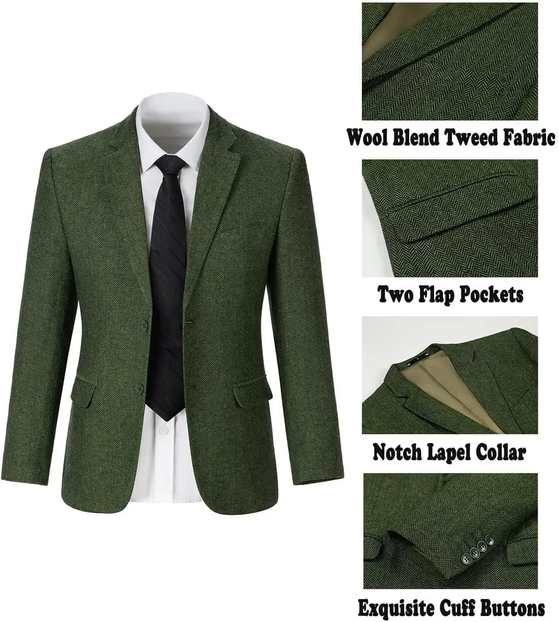 Mens Suit Slim Fit Tweed Herringbone Suit for Men Wool Blend Blazer Vest Pants Tuxedo Set