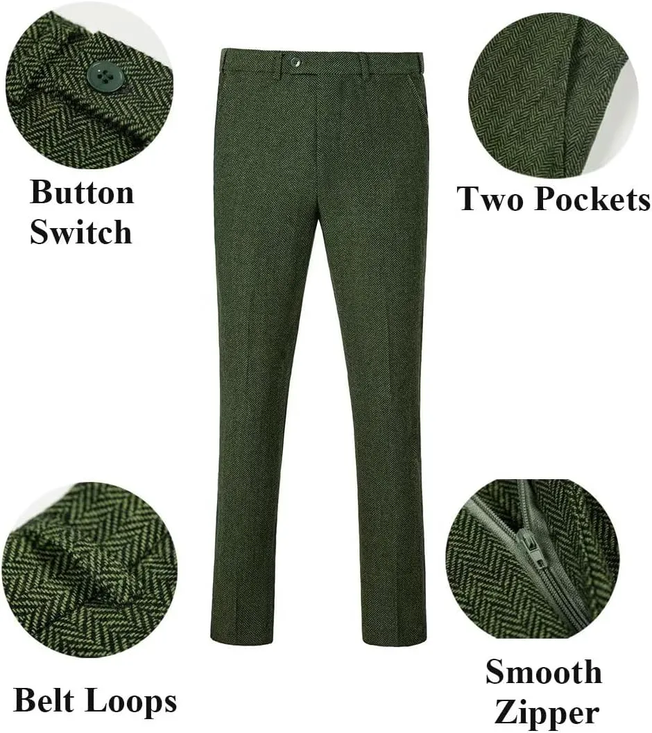 Mens Suit Slim Fit Tweed Herringbone Suit for Men Wool Blend Blazer Vest Pants Tuxedo Set