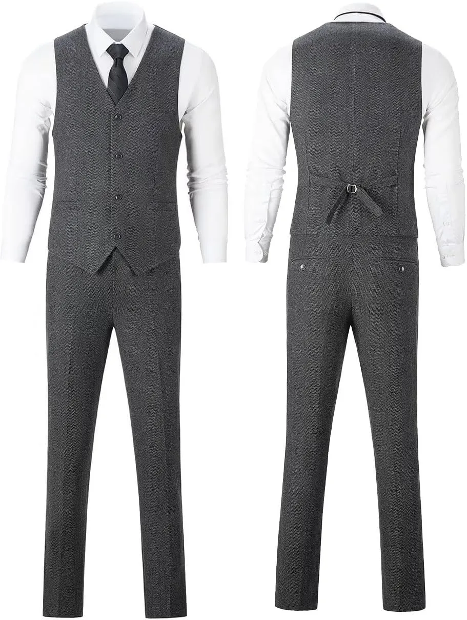 Mens Suit Slim Fit Tweed Herringbone Suit for Men Wool Blend Blazer Vest Pants Tuxedo Set