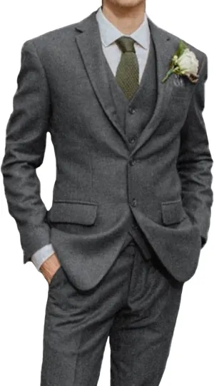 Mens Suit Slim Fit Tweed Herringbone Suit for Men Wool Blend Blazer Vest Pants Tuxedo Set