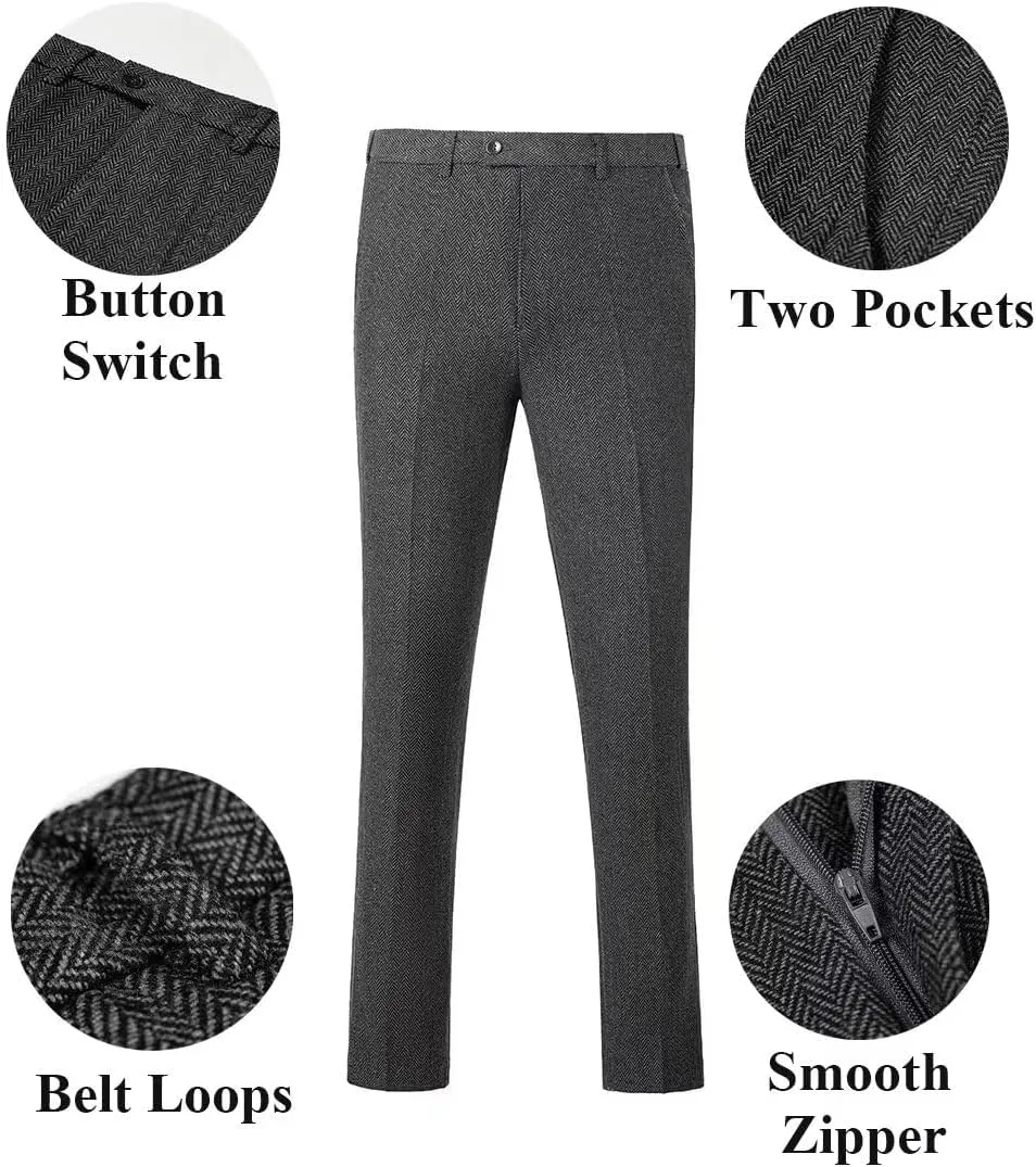 Mens Suit Slim Fit Tweed Herringbone Suit for Men Wool Blend Blazer Vest Pants Tuxedo Set