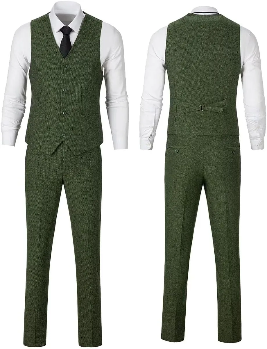 Mens Suit Slim Fit Tweed Herringbone Suit for Men Wool Blend Blazer Vest Pants Tuxedo Set
