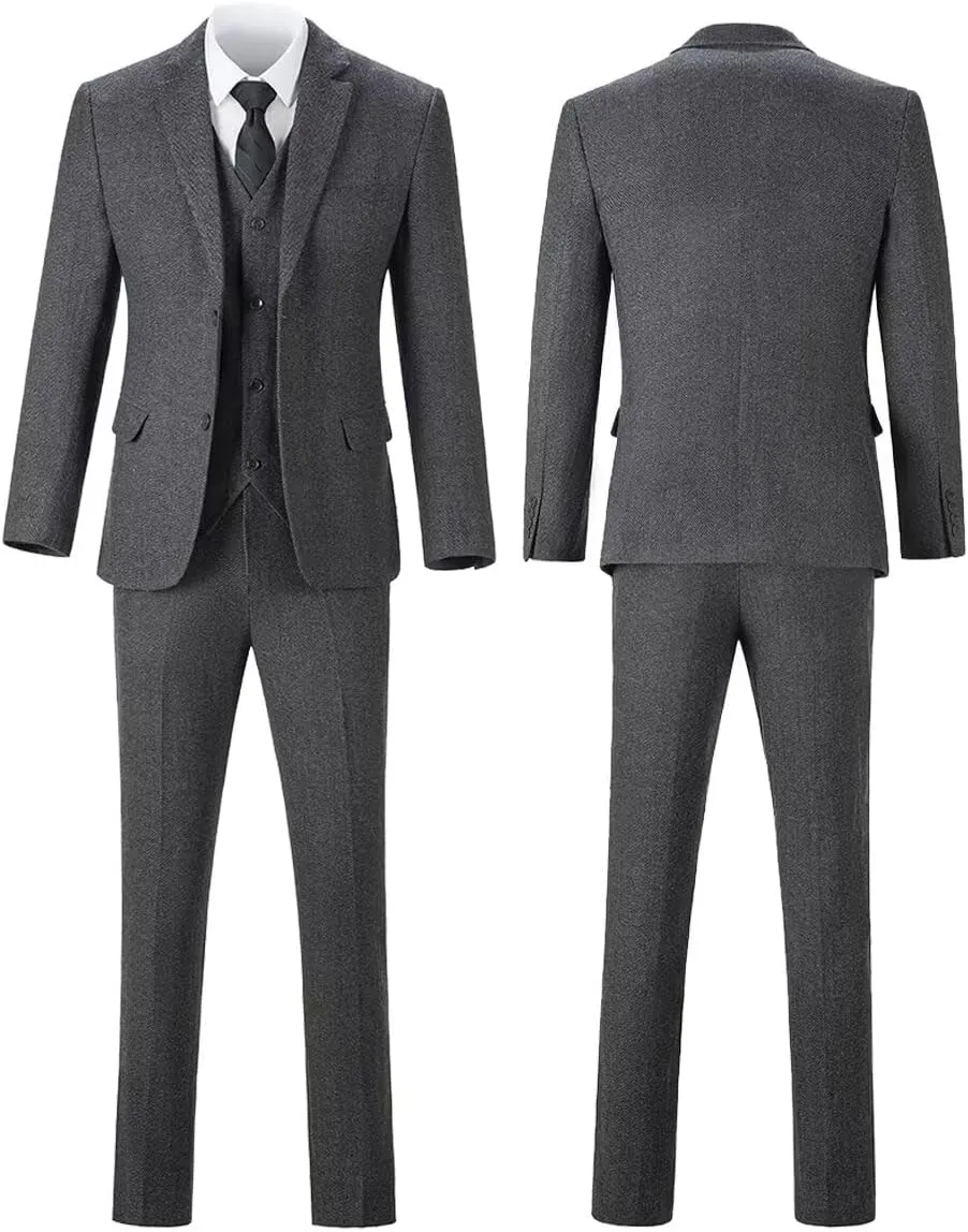 Mens Suit Slim Fit Tweed Herringbone Suit for Men Wool Blend Blazer Vest Pants Tuxedo Set