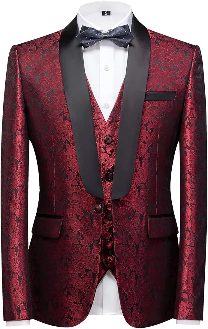 Mens Tuxedo Suits Slim Fit 3 Piece Formal Skinny Tuxedo Suit Set Shawl Lapel Paisley Suits Men for Wedding Prom