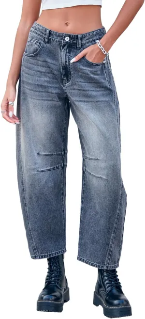 Mid Rise Barrel Jeans for Women Mid Waist Wide Leg Cropped Denim Pants Y2k Baggy Boyfriend Jeans with Pockets