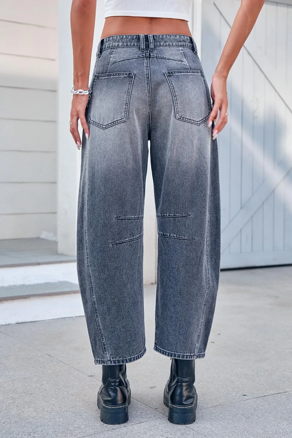 Mid Rise Barrel Jeans for Women Mid Waist Wide Leg Cropped Denim Pants Y2k Baggy Boyfriend Jeans with Pockets