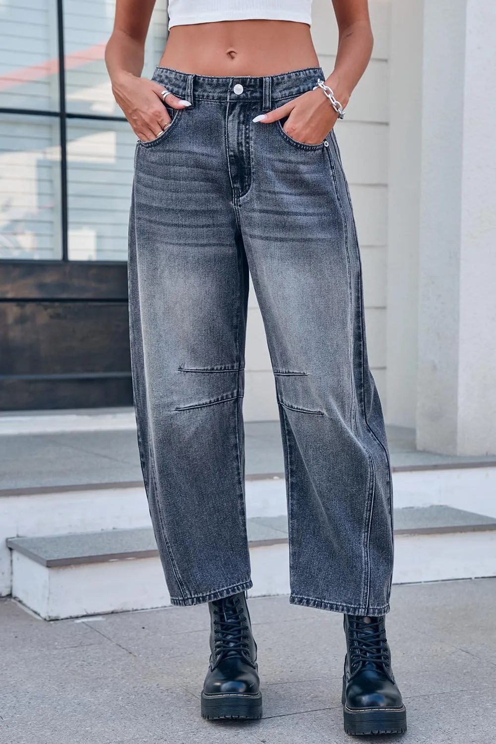 Mid Rise Barrel Jeans for Women Mid Waist Wide Leg Cropped Denim Pants Y2k Baggy Boyfriend Jeans with Pockets