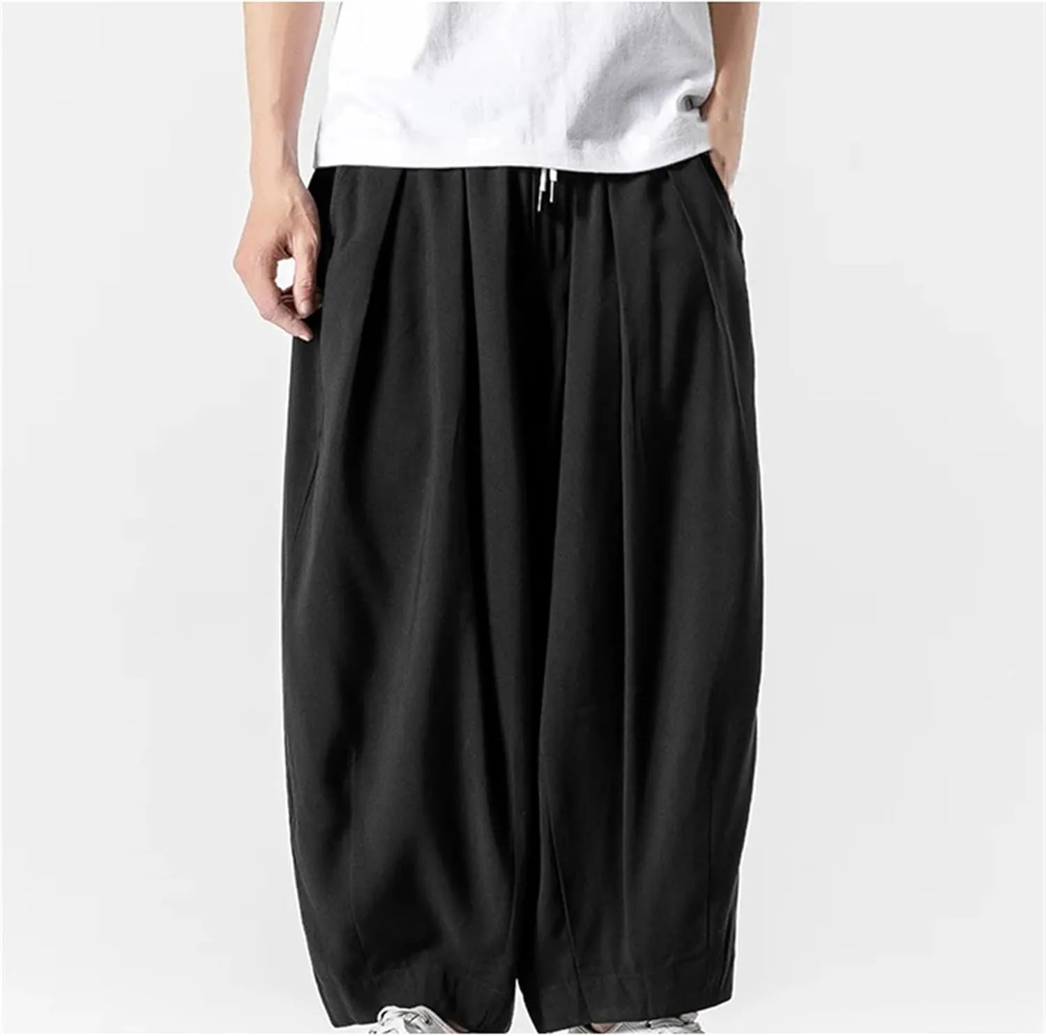 Mnjyihy Mens Harem Pants Casual Cotton Jogging Pants Solid Color Elastic Waist Drawstring Sweatpants Trousers