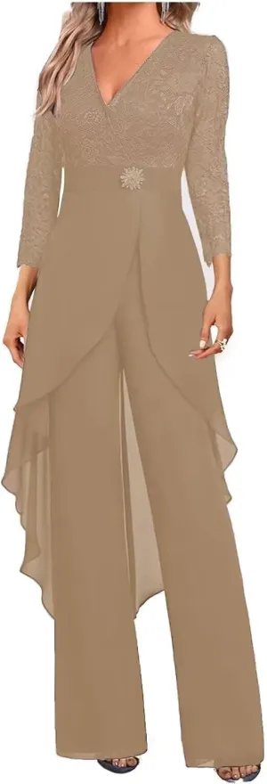 Mother of The Bride Pants Suits Dresses for Wedding Chiffon 2 Pcs Formal Pant Suits V-Neck Women's Jumpsuits