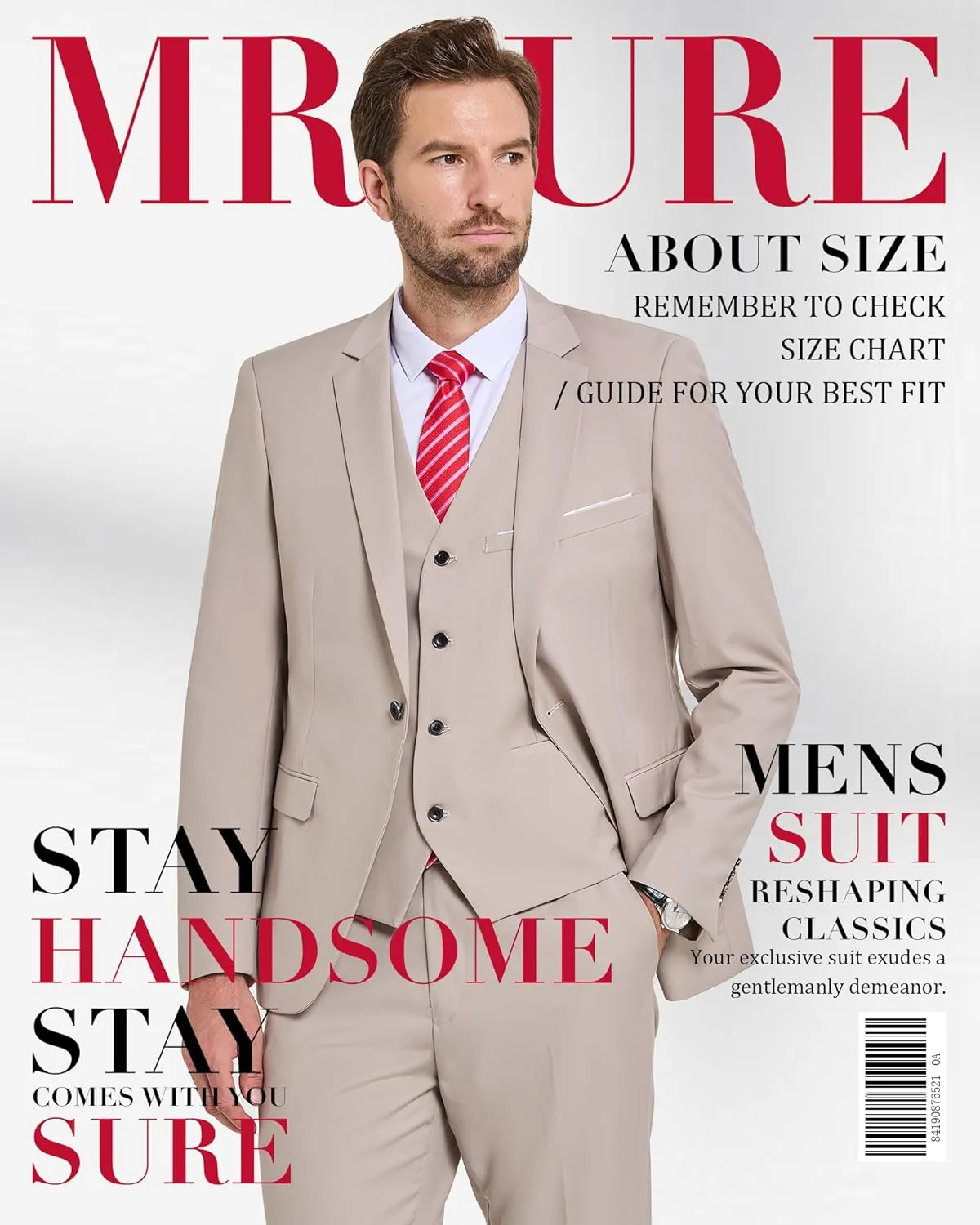 MrSure Mens 3 Piece Suit Blazer, Slim Fit Tux with One Button, Jacket Vest Pants & Tie Set for Party, Wedding and Business
