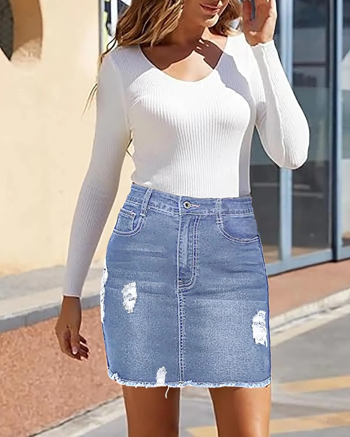 Necooer Womens Denim Skirt Mini Casual Distressed Short Skirt Washed Frayed Stretchy Pencil Jean Skirts with Pocket