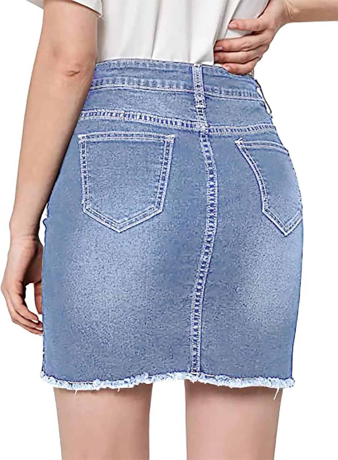 Necooer Womens Denim Skirt Mini Casual Distressed Short Skirt Washed Frayed Stretchy Pencil Jean Skirts with Pocket