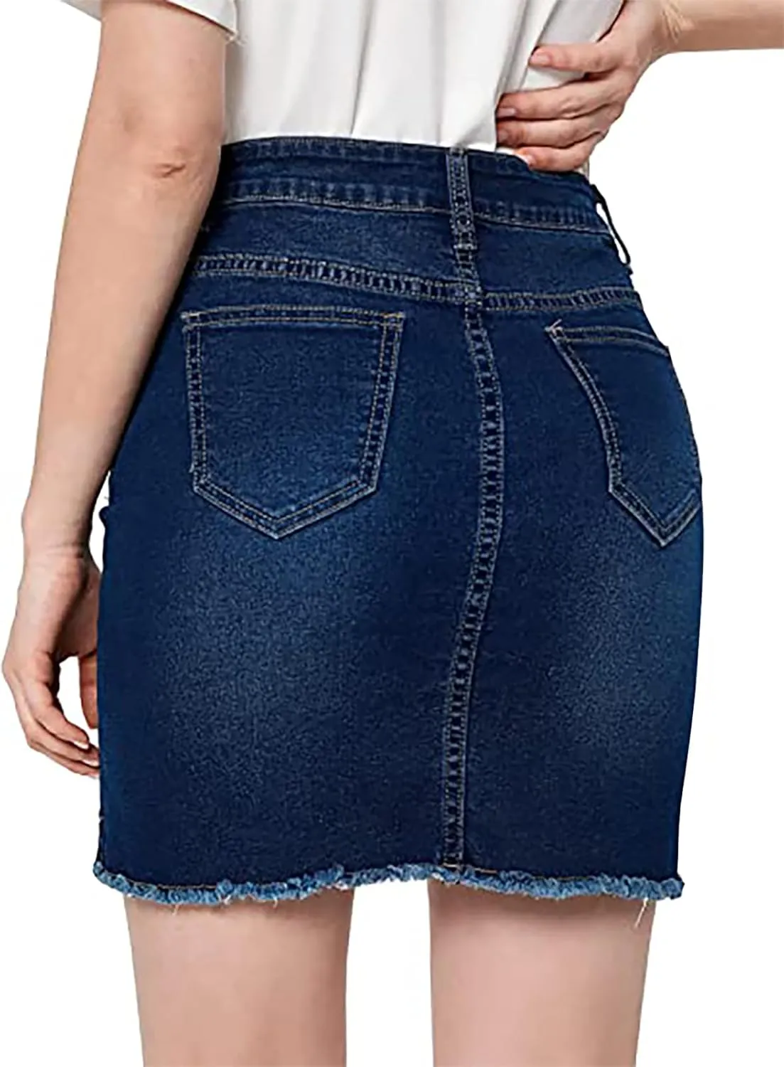 Necooer Womens Denim Skirt Mini Casual Distressed Short Skirt Washed Frayed Stretchy Pencil Jean Skirts with Pocket