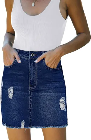 Necooer Womens Denim Skirt Mini Casual Distressed Short Skirt Washed Frayed Stretchy Pencil Jean Skirts with Pocket