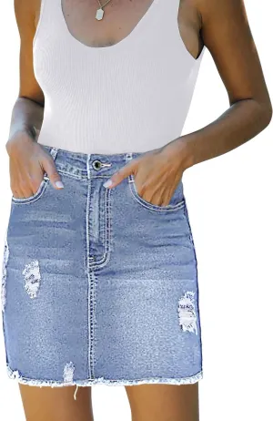 Necooer Womens Denim Skirt Mini Casual Distressed Short Skirt Washed Frayed Stretchy Pencil Jean Skirts with Pocket