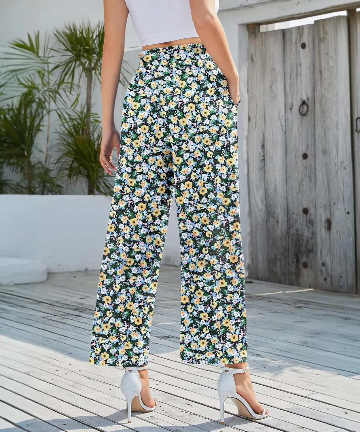 NILOUFO Women's Casual Wide Leg Pants High Waisted Lightweight Loose Long Trousers with Pockets Adjustable Tie Knot