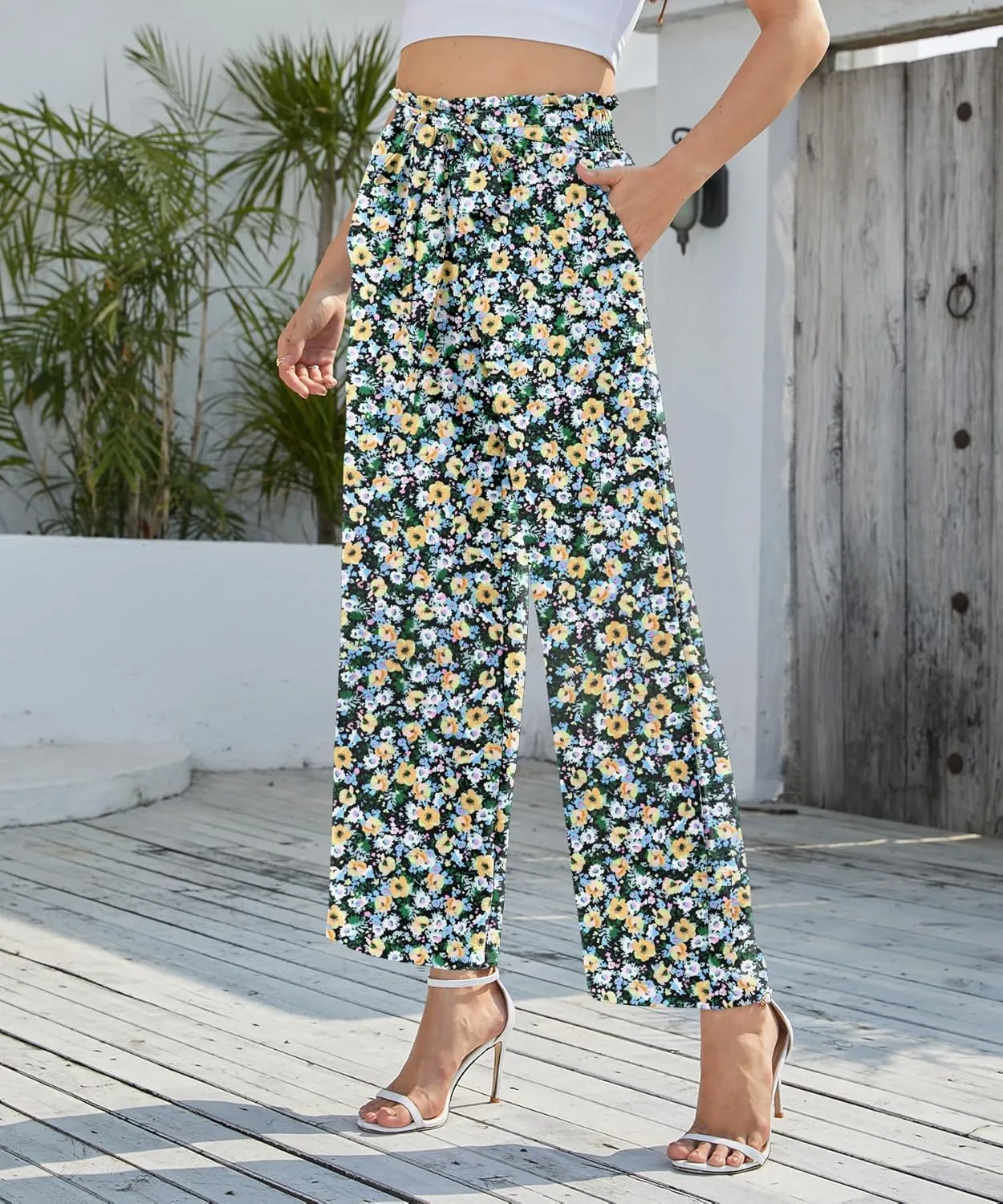 NILOUFO Women's Casual Wide Leg Pants High Waisted Lightweight Loose Long Trousers with Pockets Adjustable Tie Knot
